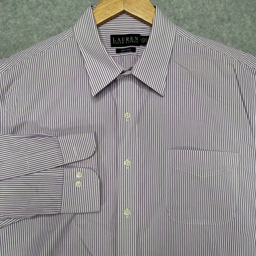 Lauren Ralph Lauren Mens Non Iron Striped Dress Shirt Purple White 17 32/33